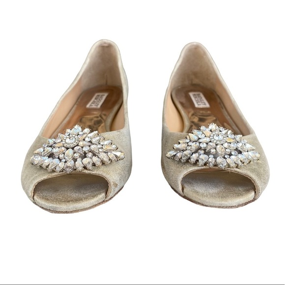 Badgley Mischka Taft Metallic Leather Rhinestone Open Toe Flat Size 8 Platino - Picture 4 of 16